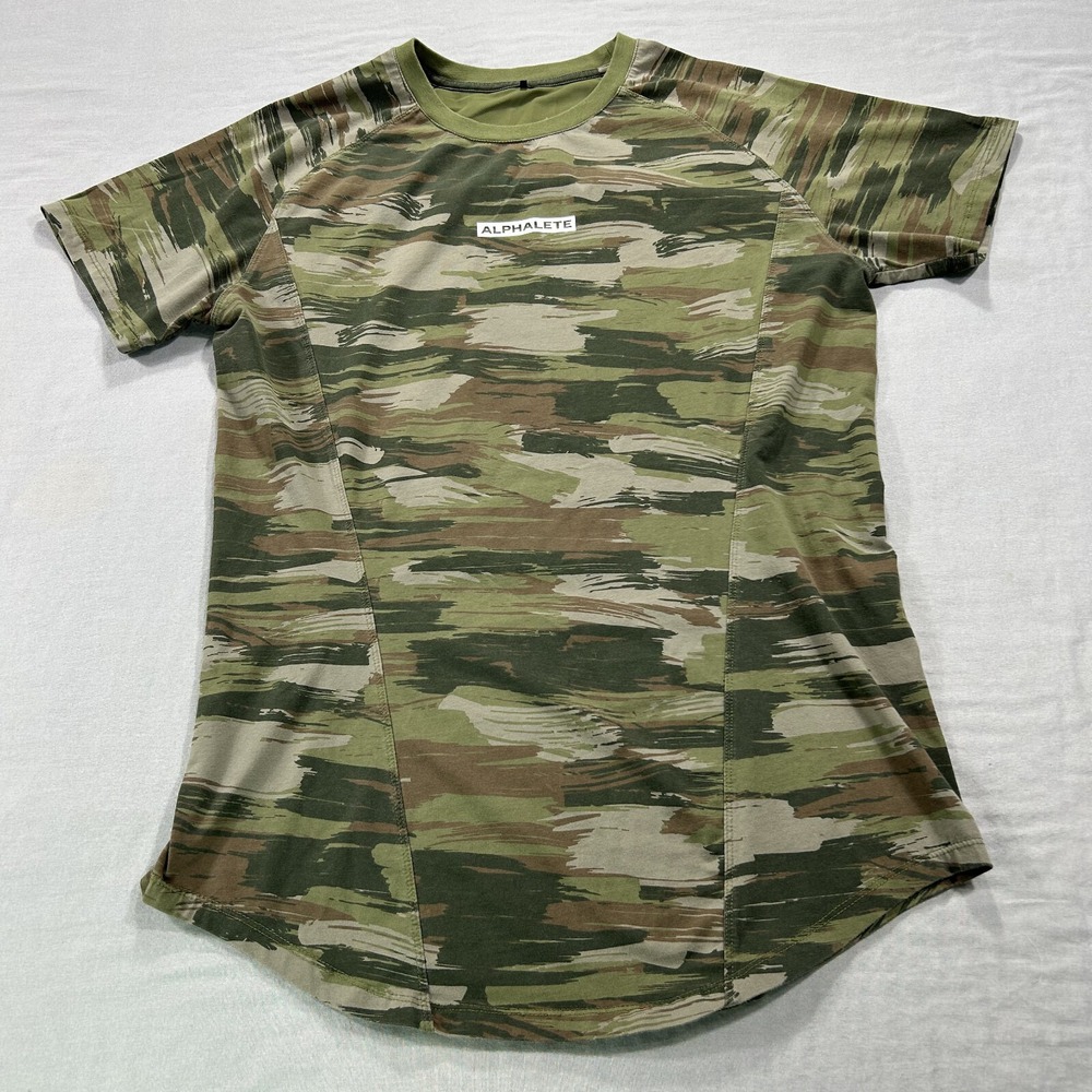 Alphalete Shirt Mens Small Green Camo Crew Neck Tee Athletic Gym Training Fitted